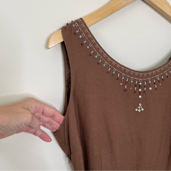 VTG Y2K Sleeveless Linen Midi Dress sequin dead stock vacation - Picture 2 of 13